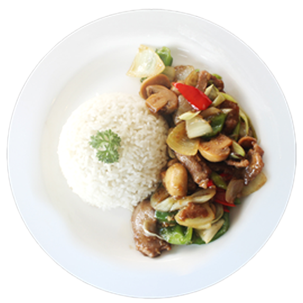 Stir Fry Beef (served with rice)<br>choice of Teriyaki, Blackpepper or Mushroom sauce)<br>牛肉盖饭<br>选择 : 照烧, 黑胡椒, 鸡肉蘑菇