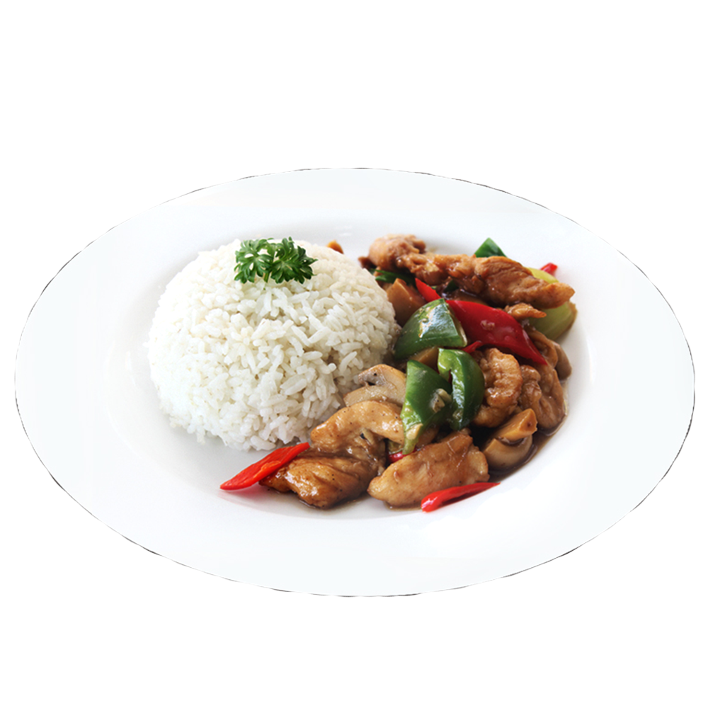 Stir Fry Chicken<br>(served with rice)<br>choice of Teriyaki, Blackpepper or  Mushroom sauce) <br>鸡肉盖饭<br>选择 : 照烧, 黑胡椒, 鸡肉蘑菇